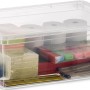 Box portaoggetti trasparente KIS C S con coperchio, riempita con articoli da ufficio.