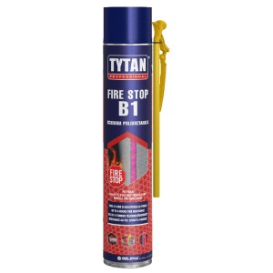 Schiuma Tytan Fire Stop B1, bomboletta blu con applicatore giallo.