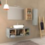 Set bagno moderno con mobile lavabo, specchio e scaffali in effetto cemento e legno.