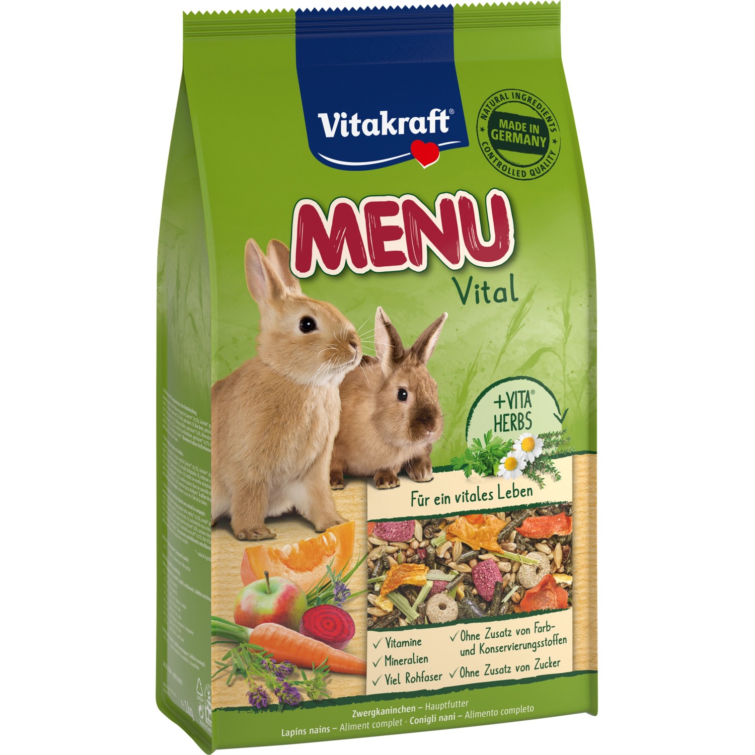 Vitakraft Coniglio Cibo Menu Vital 1kg: Alimento completo con verdure ed erbe per conigli nani.