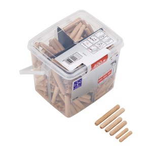 Set di tasselli in legno LUX, 400 pezzi in secchio, varie dimensioni per giunzioni in legno senza viti.