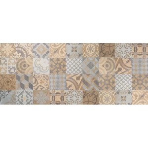 Tappeto da cucina con motivo patchwork nei toni del beige e del grigio.