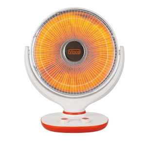 Stufa elettrica t.b.t. con forma rotonda e design bianco-arancio.