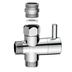 Valvola ad angolo t.b.t. lucida per collegamenti idraulici flessibili in ambito sanitario.