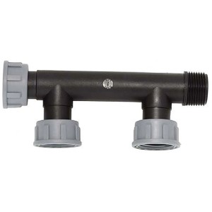 Raccordo a T nero per irrigazione interrata con connettori grigi.