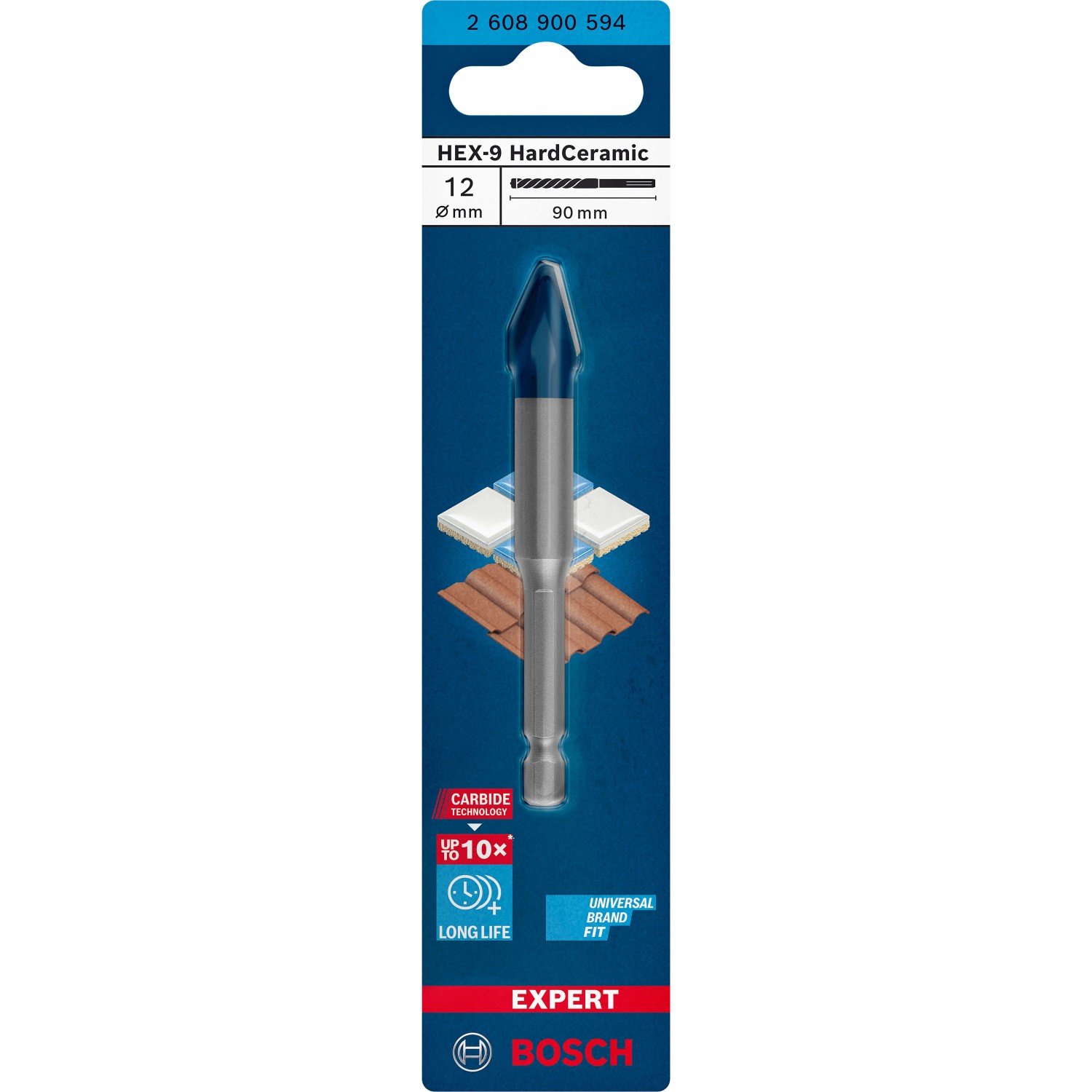 Punta per ceramica dura Bosch Expert Hex-9, 12mm. Punta per piastrelle per fori precisi.