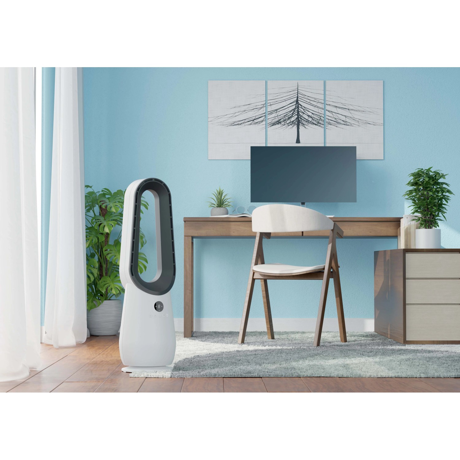 Ventilatore senza pale Cool Air TV 70-85 bianco e nero in un soggiorno moderno.