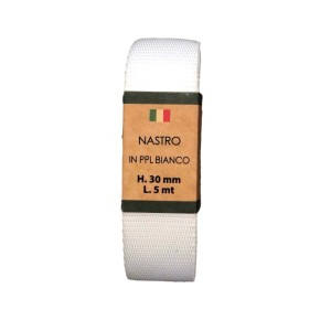 Nastro in PP bianco t.b.t., altezza 30 mm, lunghezza 5 m, per tenditori e fissaggi.