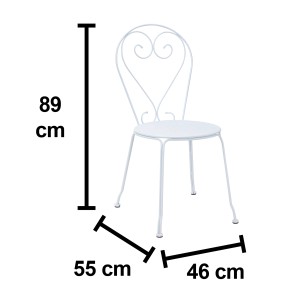 Dimensioni della sedia da giardino bianca t.b.t.: 89 cm di altezza, 55 cm di larghezza, 46 cm di profondità.