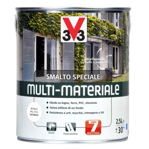 Smalto multi-materiale bianco di t.b.t. in confezione da 2,5L. Ideale per legno, ferro, PVC e alluminio.