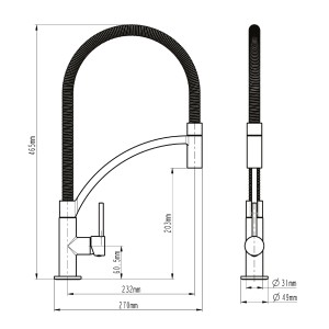 Disegno tecnico: miscelatore monocomando t.b.t. con dimensioni.