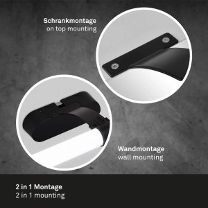 Applique LED t.b.t. nera con opzioni di montaggio per armadio e parete.