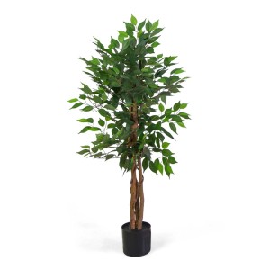 Ficus artificiale con foglie verdi in vaso nero.
