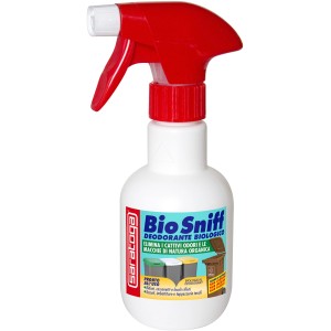 Bio Sniff spray per ambienti per neutralizzare gli odori, flacone bianco con spruzzatore rosso.