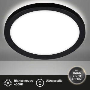 Plafoniera LED nera rotonda con effetto backlight.