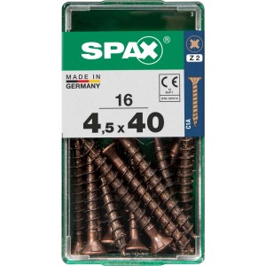 Viti per legno SPAX 4,5x40 mm, 16 pezzi, in contenitore di plastica trasparente.