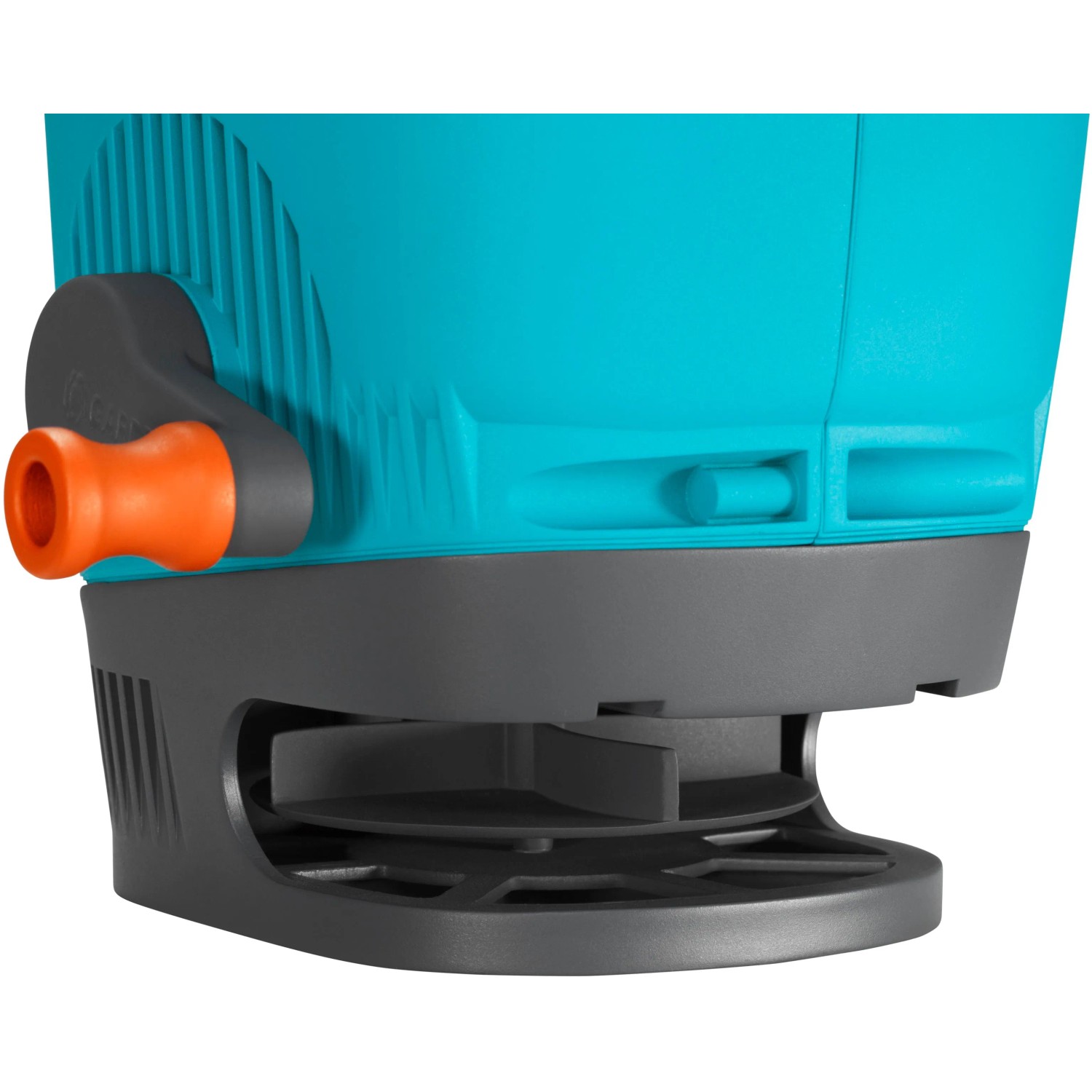 Dettaglio di Gardena Spargitore manuale M: Contenitore blu con manovella e disco di spargimento. Ideale per semi, fertilizzanti e sale.