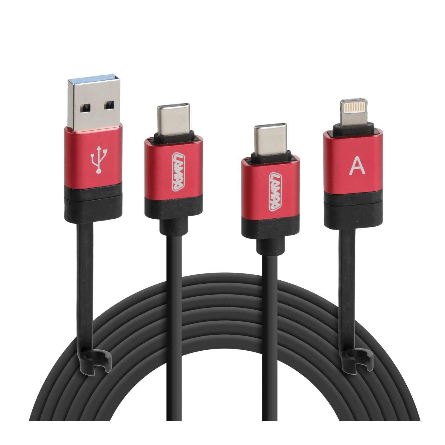 Cavo di ricarica t.b.t. con connettore USB, USB-C e Lightning per interni auto.