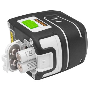 Dispositivo di misurazione Laserliner con vano batteria aperto e batterie inserite.