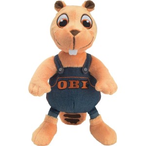 Peluche OBI Castoro con salopette blu come figura decorativa.