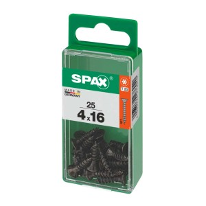 Viti universali Spax 4x16 mm, zincate, nere, 25 pezzi in scatola verde Spax.
