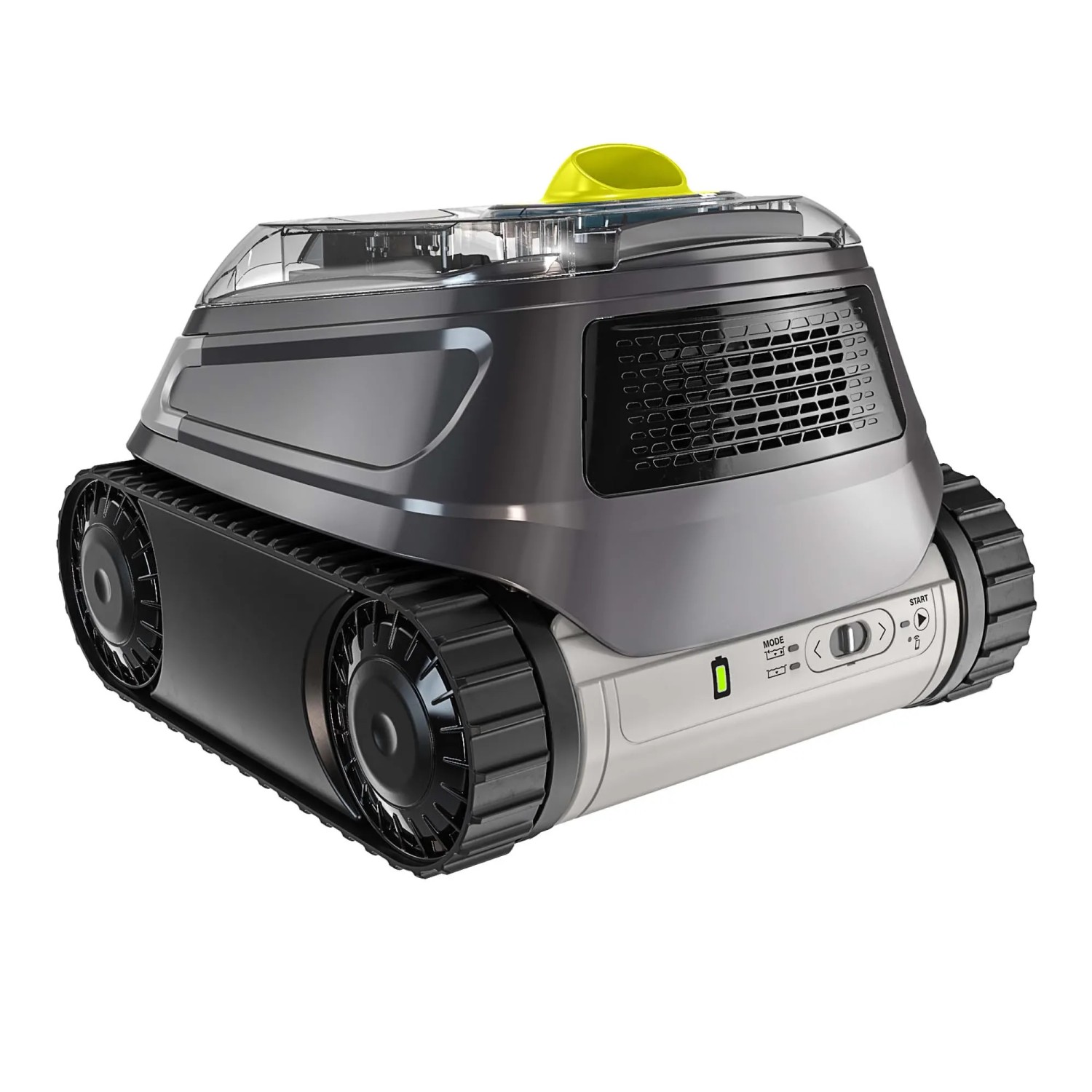 Robot per piscina a batteria Zodiac CBAT CNX-Li 5220 iQ, grigio, con cingoli e maniglia gialla.