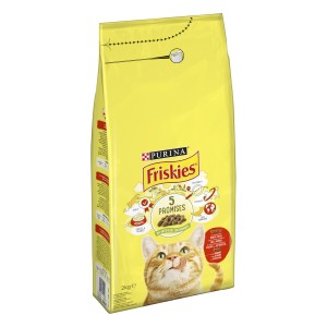 Confezione gialla di cibo secco per gatti Friskies.
