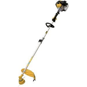 Decespugliatore giallo per lavori di giardinaggio. Tagliabordi per rifiniture precise.