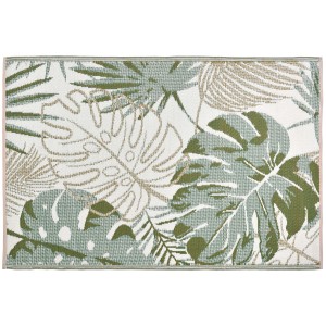 Tappeto da esterno t.b.t. con motivo di foglie tropicali nei toni del verde e del beige.