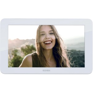 Display bianco t.b.t. per sistema citofonico, mostra donna sorridente.