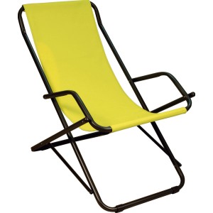 Lettino prendisole giallo con struttura nera. Comodo lettino da giardino per il relax all'aperto.