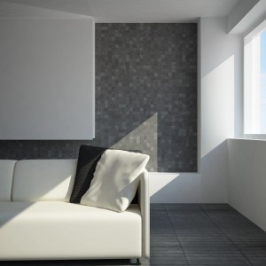 Soggiorno con piastrelle a mosaico grigie come decorazione murale.