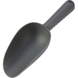 Paletta da giardino grigia in plastica con scala graduata per piantare con precisione.