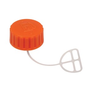 Tappo serbatoio arancione per decespugliatore con cinturino di sicurezza.