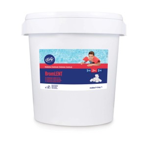 Secchio di pastiglie Bromlent per il trattamento dell'acqua della piscina.