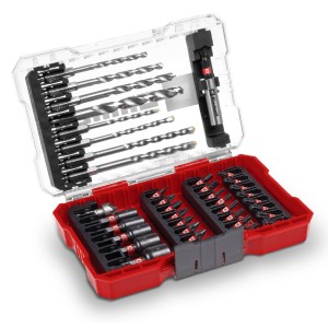 Set accessori Einhell M-Case, 39 pezzi con inserti, punte e bussole in scatola rossa.