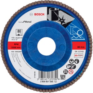 Disco lamellare Bosch 115 mm, grana 80 per smerigliatrici angolari. Per levigare il metallo.