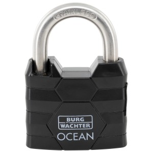 Lucchetto Burg Wächter Ocean, resistente all'acqua di mare, nero. Lucchetto a cilindro con arco in acciaio inox.
