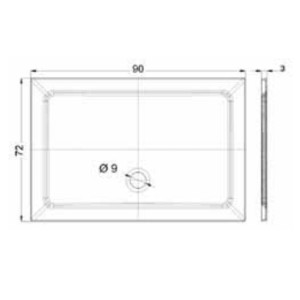 Disegno tecnico di un piatto doccia rettangolare con dimensioni 90x72 cm e scarico Ø9 cm.