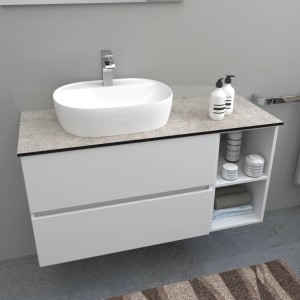 Mobile bagno bianco con lavabo da appoggio e ripiani. Mensole lavabo.