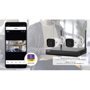 Sistema di allarme t.b.t. con due telecamere, ricevitore e vista smartphone.