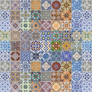 Motivo di piastrelle t.b.t. con vari ornamenti e colori.