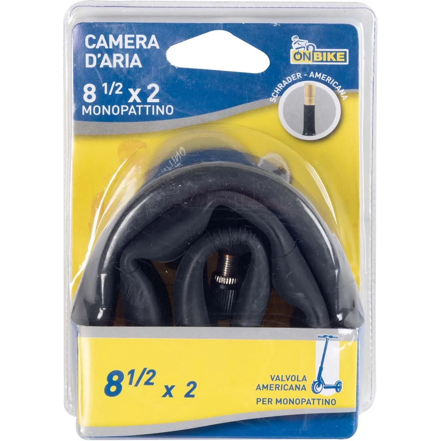 Camera d'aria per monopattino 8 1/2 x 2 con valvola Schrader, confezionata.