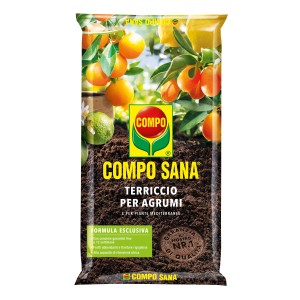 Sacco di terriccio per agrumi COMPO SANA con illustrazione di agrumi.