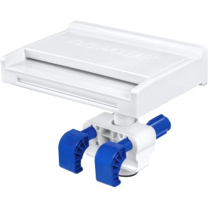 Cascata per piscina Flowclear™ con luce LED per piscine con telaio in acciaio, bianco con supporti blu.