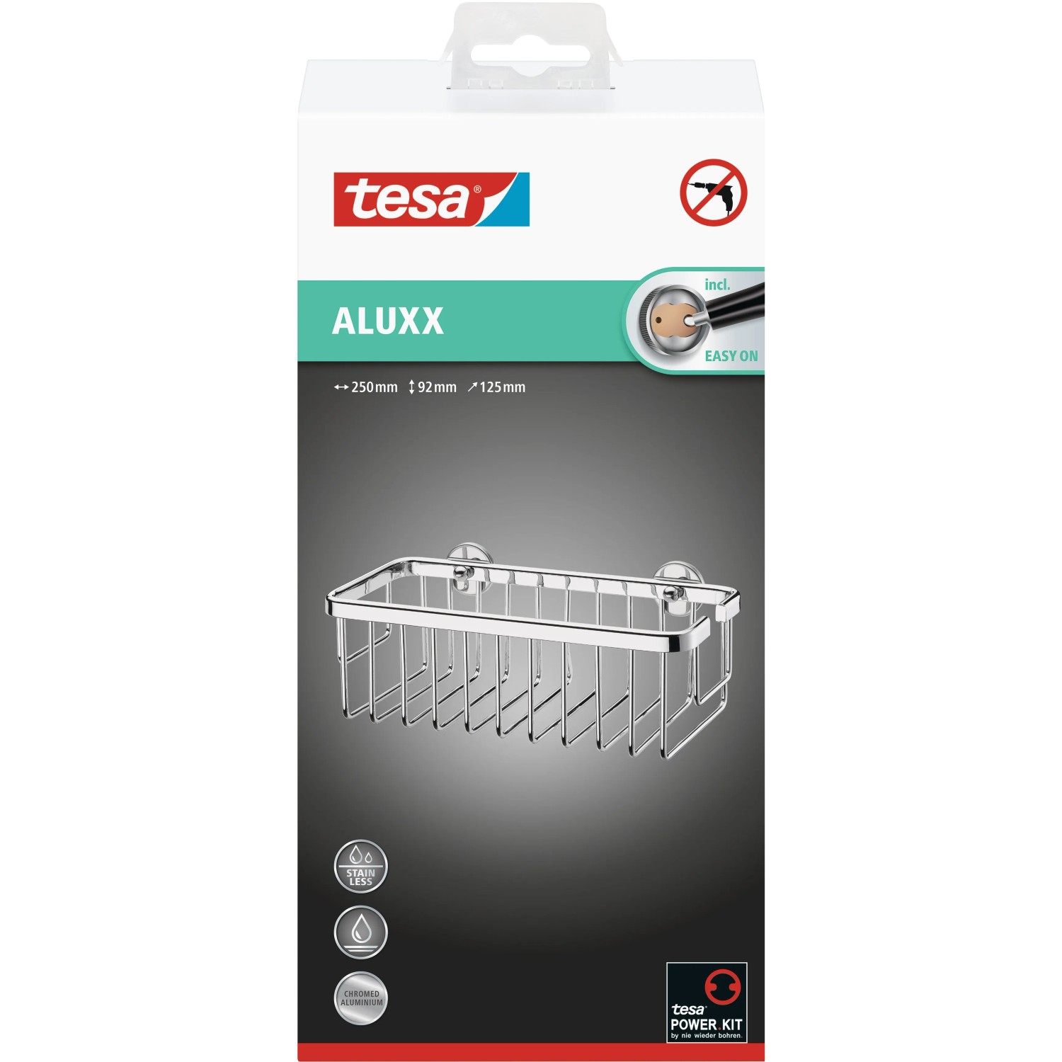 Tesa Aluxx cestello doccia, 25 cm, alluminio cromato, per montaggio a parete senza forare.