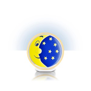Luce notturna LED Luna e Stelle con faccia di luna gialla e stelle blu su base bianca.