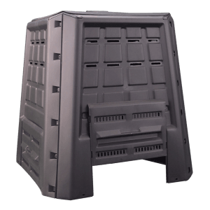 Compostiera t.b.t. in plastica grigio scuro con fessure di ventilazione.