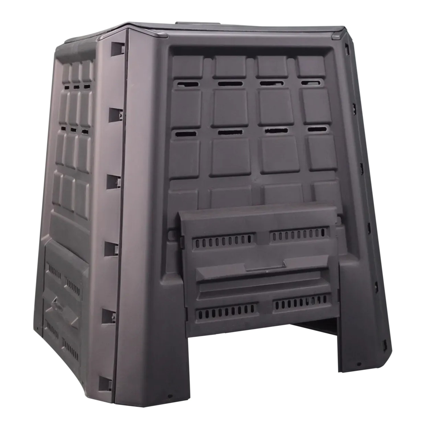 Compostiera t.b.t. in plastica grigio scuro con fessure di ventilazione.