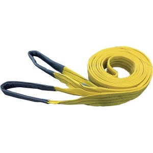 Fascia di sollevamento gialla t.b.t. per accessori nautici, arrotolata con anelli.